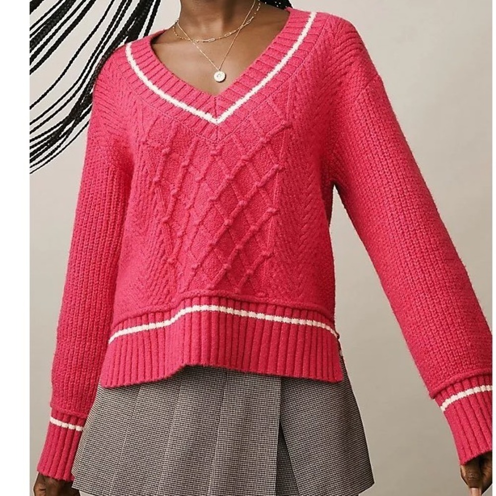 Maeve Anthropologie Pink Cable Knit V-Neck Varsity Sweater XS Preppy Trendy dd